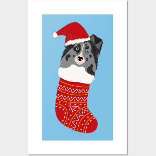 Sheltie Dog with Santa Hat inside Christmas Sock Posters and Art